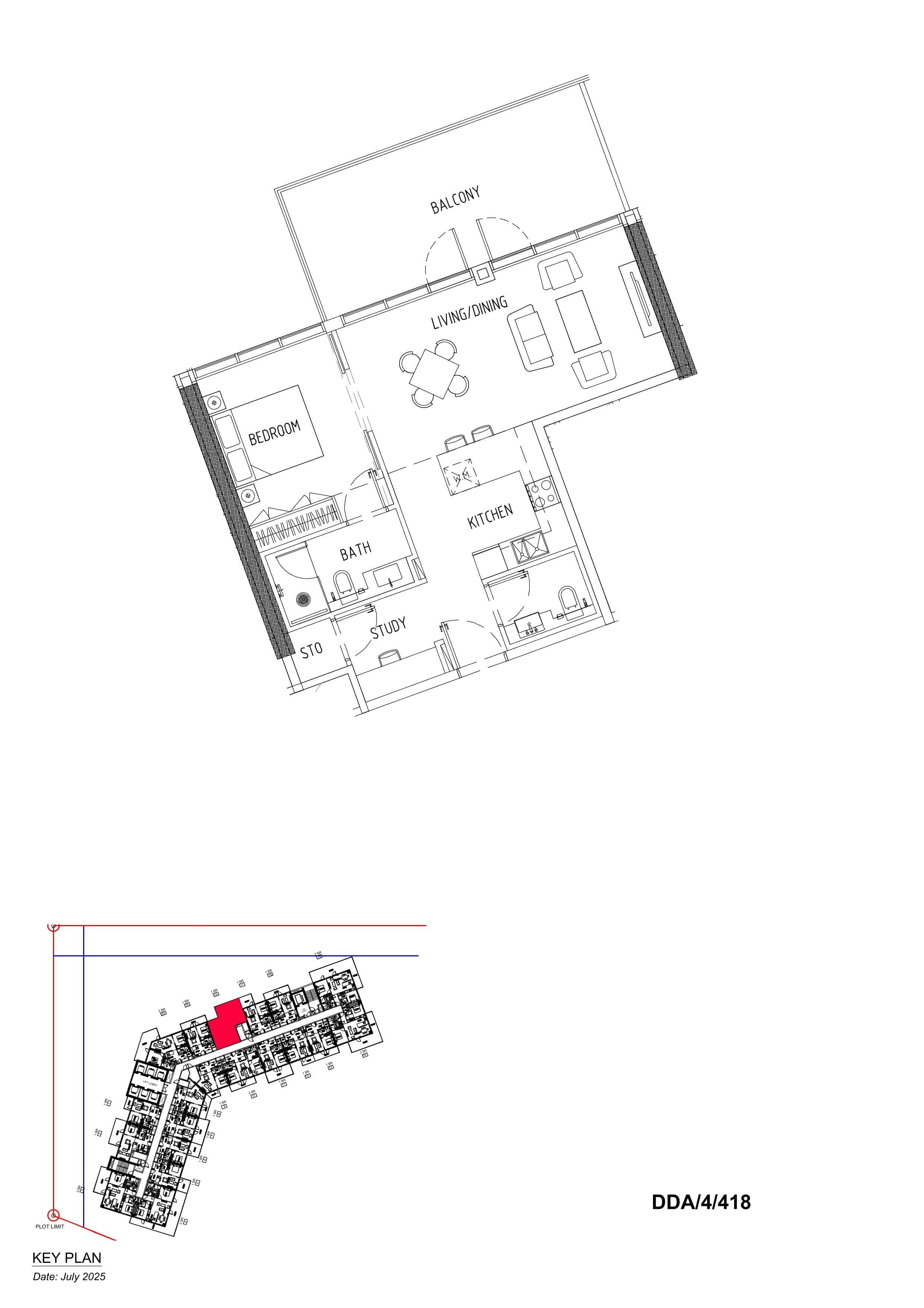 1BR Floor Plan - داماك ديستريكت