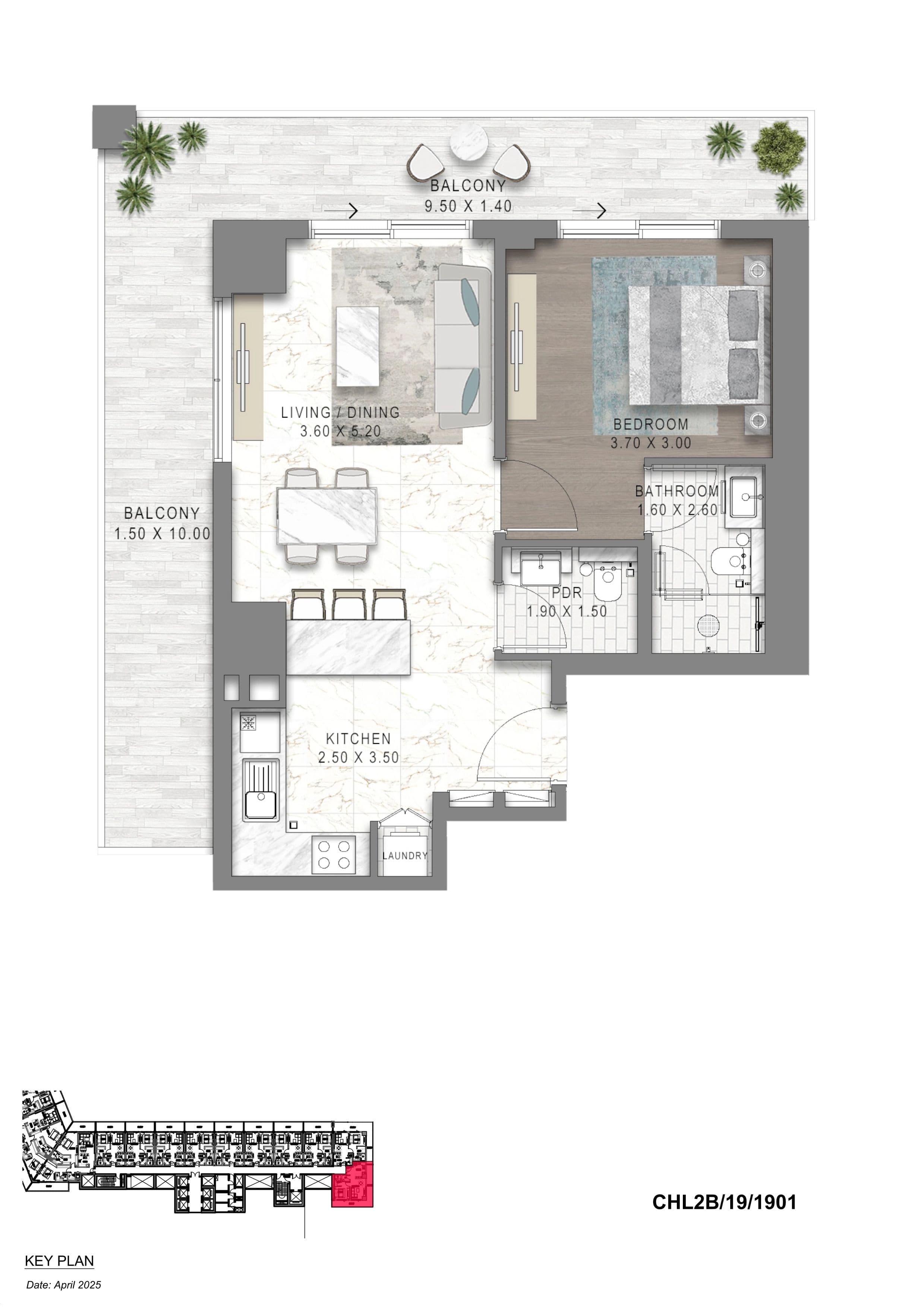 1BR Floor Plan - Chelsea Residences by DAMAC