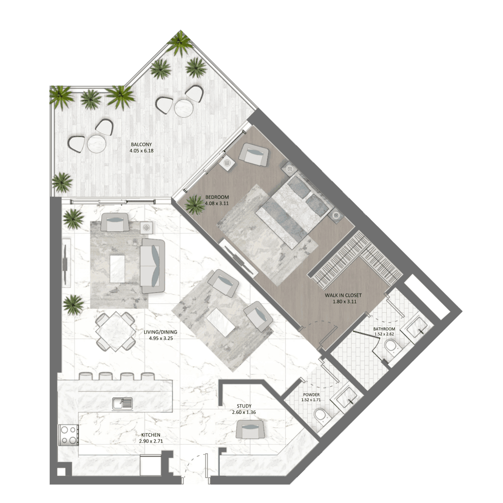 1BR Floor Plan - Golf Greens by DAMAC
