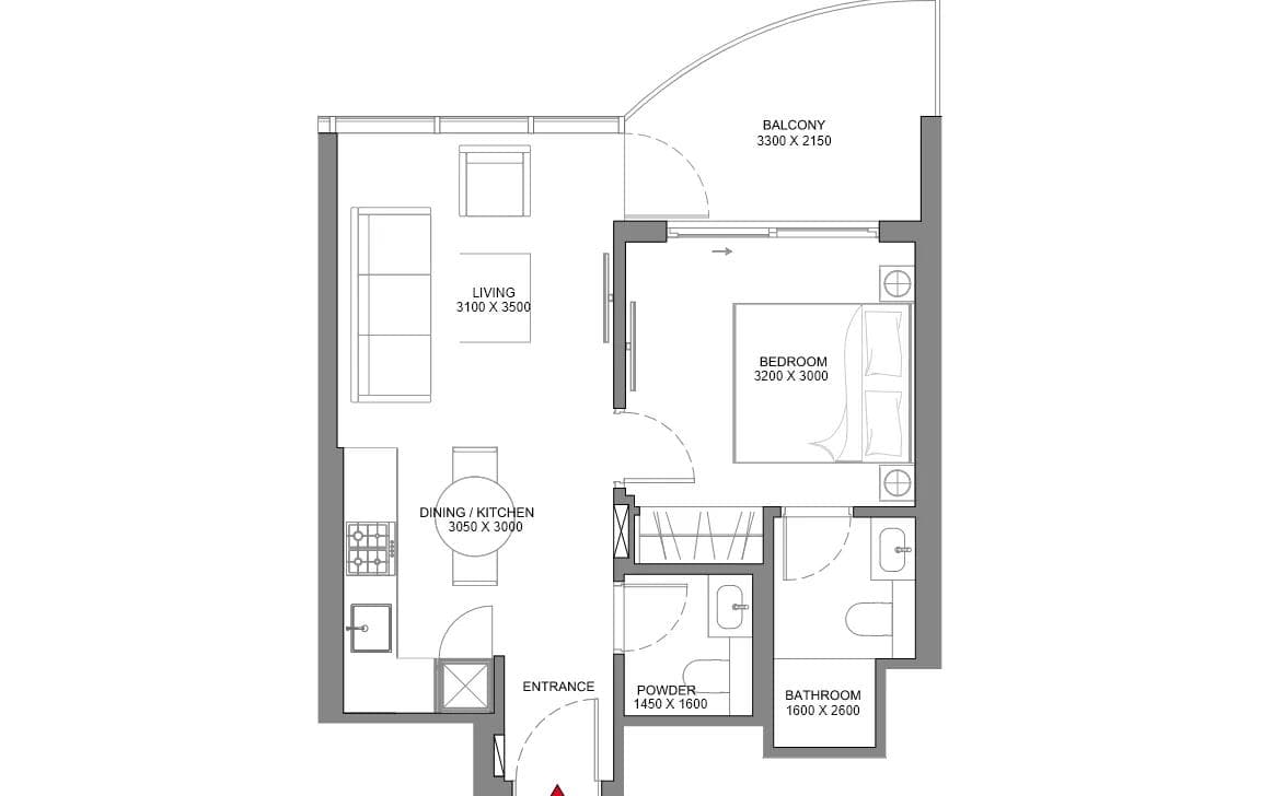 1BR Floor Plan - شوبا أكوامونت